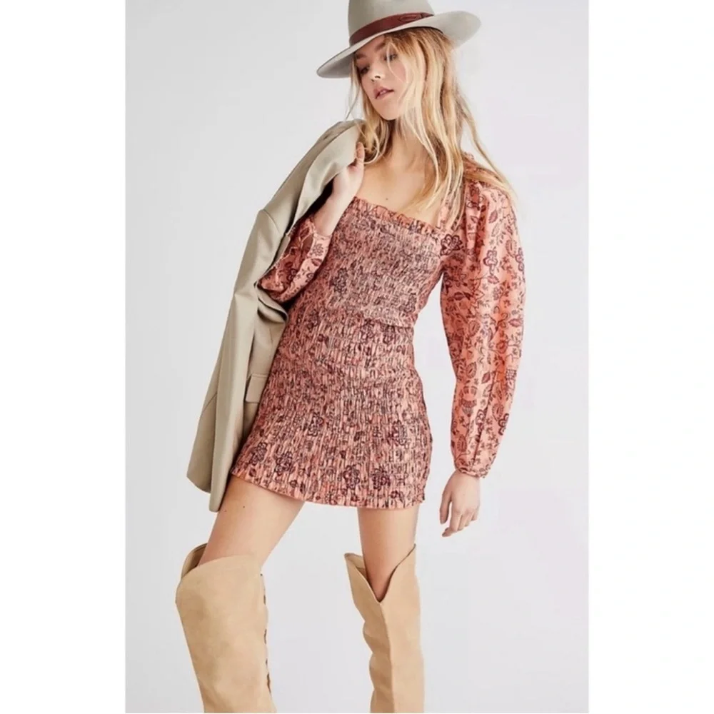FREE PEOPLE Smock It To Me Mini Dress in Apricot Combo - S